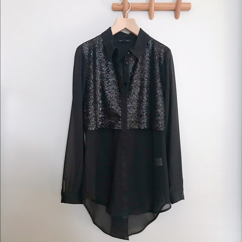 Sheer tuxedo blouse with sequins